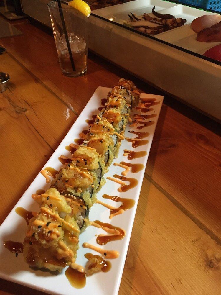 Kaizen Fried Roll · Avocado, cream cheese, Tampico paste, crab, and salmon. Fried and topped with shrimp tempura, eel sauce, and spicy mayo.