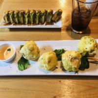 Hulk Roll · Cream cheese, shrimp, crab, chiles toreados, furikake, and green onions. Covered with avocad...