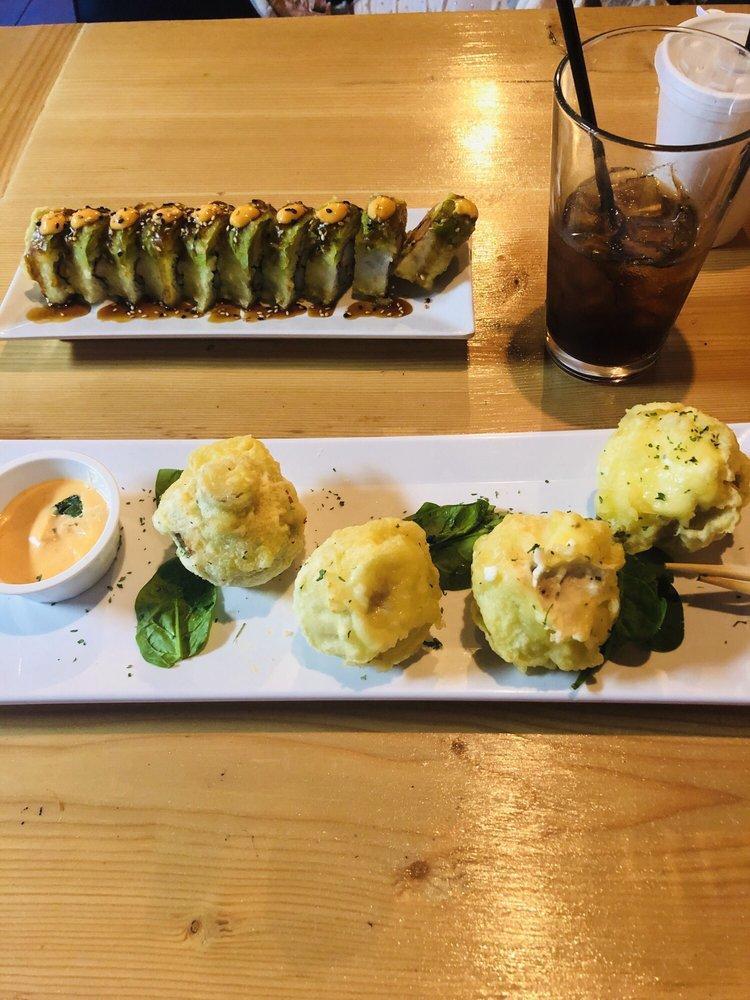 Hulk Roll · Cream cheese, shrimp, crab, chiles toreados, furikake, and green onions. Covered with avocado. Deep fried tempura, topped with eel sauce and spicy mayo.