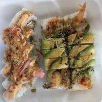 Caterpillar Roll · Cucumber, carrots, lettuce, masago, and shrimp tempura. Covered with avocado, eel sauce, and...