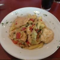 Pollo Artichoke · Fresh chicken breast sauteed in white wine, lemon, capers and artichoke roasted red peppers ...