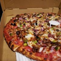 Combination Pizza · Pepperoni, salami, Italian sausage, linguica, beef, mushrooms, black olives, green peppers a...