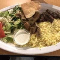 Combination Feast · A generous portion of shish kabob, kufta kabob and gyros slices. Served with rice, salad, pi...