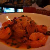 Shrimp Mofongo · sautéed shrimps served with mashed plantains, dates & baby-shrimps, saffron aioli sauce