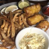 Fish and Chips · fried cod fish  in a beer batter served with french fries, tartar sauce and homemade coleslaw.