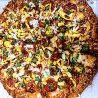 Mayan Hawaiian Pizza · Pizza sauce, mozzarella, pepperoni, bacon, jalapeño, banana pepper, green pepper & pineapple