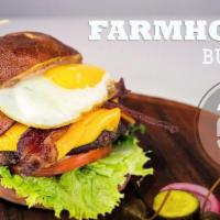 Farmhouse Burger · 6 oz. Angus beef patty, pretzel bun, American cheese, fried egg, red onion and jalapeno jam,...