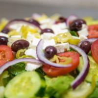 Greek Salad · Romaine lettuce, tomatoes, onions, cucumbers, pepperoncini pepper, Kalamata olives and feta ...