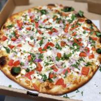 Chicken Tikka Special Pizza · White sauce, cheese, chicken tikka, red onion, diced tomato, garlic and fresh cilantro.