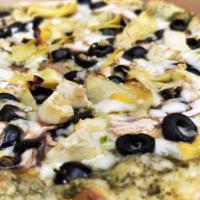 Pesto Sauce Special Pizza · Pesto sauce, mushrooms, artichoke hearts, black olives and roasted garlic.