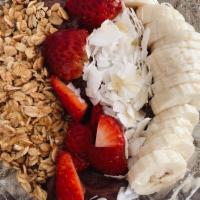 Acai Bowl · Acai, strawberry, banana, coconut, granola, and honey.