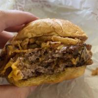 BBQ Bacon Cheddar Burger · Certified Angus Beef, aged cheddar cheese, applewood smoked bacon, haystack onions, bbq sauc...