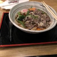 Beef Udon · Beef, mushroom, carrot, scallion and fish cake and broccoli.