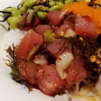 Wasabi Ahi Poke Bowl · Scallion, sweet onion, cucumber, ginger, nori, sesame seeds, wasabi, fish sauce. Served with...