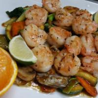 Grilled Lime Pepper Shrimp · Smoke flavored jumbo shrimp from the grill, topped with butter and lime pepper seasoning. Se...