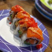 Salmon Lover Roll · Salmon, avocado topped with salmon, eel sauce and spicy mayo.