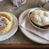 Steak Skillet · Skirt steak, mushrooms, onions, peppers, and jack cheese. Served with 2 eggs any style, hash...