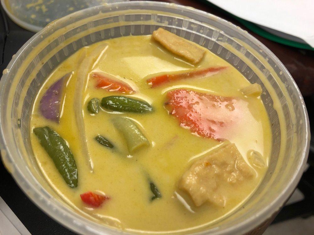 Green Curry · Hot and light sweet curry in the mixed of coconut milk, eggplants, bamboo shoots, string beans, basil, carrots and bell peppers.