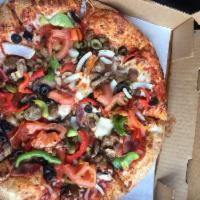 Supreme Pizza · Pizza sauce, pepperoni, mushrooms, Canadian bacon, beef, sausage, onions, red and green bell...