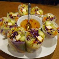 Summer Rolls · Hand-rolled soft rice paper stuffed with fresh iceberg lettuce, tofu, cucumber, carrot and c...