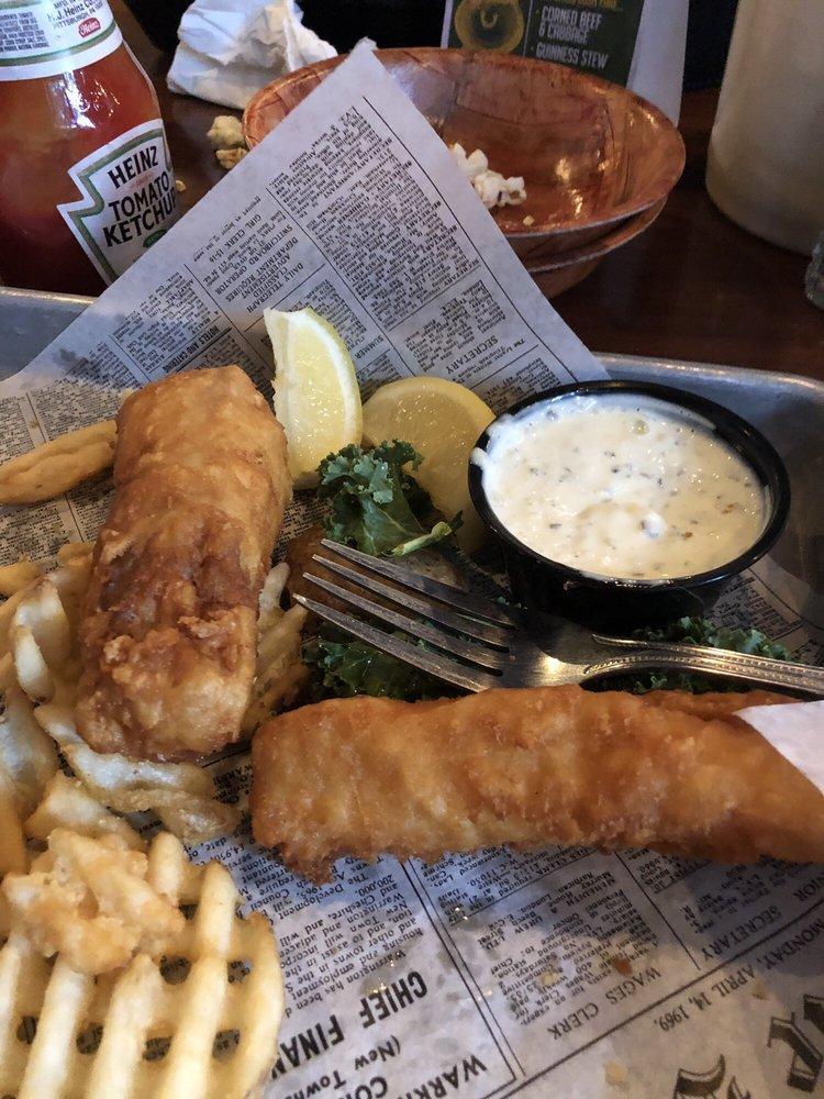 Fish and Chips · Battered Alaskan cod fried golden and served with fries, slaw and a side of tartar.