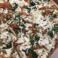 Queen Pizza · Roasted chicken, baby spinach, fresh Roma tomatoes and oregano sesame seeds with virgin oliv...