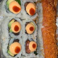 Bears Signature Maki · Salmon, avocado, tempura crumbs topped with salmon and crunchy sweet potato.