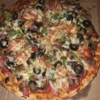 Supreme Pizza · This one's loaded with 10 toppings. Pepperoni, sausage, beef, ham, mushrooms, tomatoes, onio...