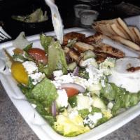 Greek Salad · Romaine, red onion, tomato, cucumber, pepperoncini, kalamata olive, feta and greek house dre...