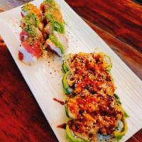 Big Brother Roll · Top: chopped soft shell crab avocado, spicy mayonnaise, and eel sauce. In: crab mix and cucu...