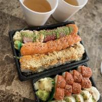 Honey Roll · Top: seared salmon, avocado, honey, eel sauce, and crunchy flakes. In: shrimp tempura, avoca...