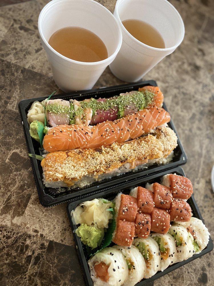 Honey Roll · Top: seared salmon, avocado, honey, eel sauce, and crunchy flakes. In: shrimp tempura, avocado, and cucumber.