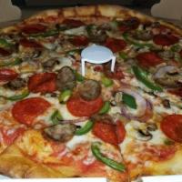 Supreme Pizza · Comes with sausage, pepperoni, peppers, mushroom, onions and mozzarella.