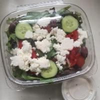 Greek Salad · Romaine lettuce, iceberg lettuce, spring mix, fresh baby spinach, green peppers, tomatoes, c...