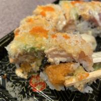 Saddle River Special Roll · Spicy salmon, avocado, and crunch, topped with seared salmon, tuna, spicy mayo, honey, wasab...