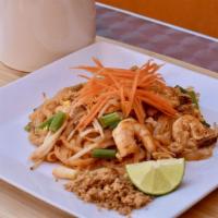 Pad Thai · Famous Thai noodles with egg, bean sprouts & topped with ground peanuts.