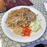 Pad Thai · Chicken, pork, beef, shrimp or tofu stir fried with rice noodles, eggs, beansprouts, and gre...