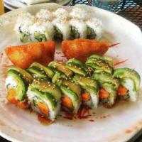 Osaka Maki Sushi Roll · Deep-fried shrimp topped with avocado, unagi sauce, spicy mayo, and masago.