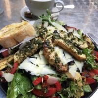 Sosta Salad · Strips of grilled chicken breast atop a bed of mixed greens, artichoke hearts, roasted porto...