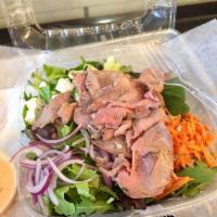 Roast Leg of Lamb Salad · Roasted leg of lamb, feta cheese, pitted Kalamata olives, thinly-sliced cucumber, shredded c...