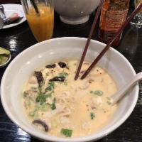 Pho Tom Kha Healthy Noodle Soup · Chicken slices, mushroom and rice stick noodles in coconuts soup flavored with lemon grass, ...