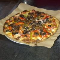 Veggie Pizza · Tomato sauce, shredded mozzarella, olives, tomato, mushroom, peppers and onion.