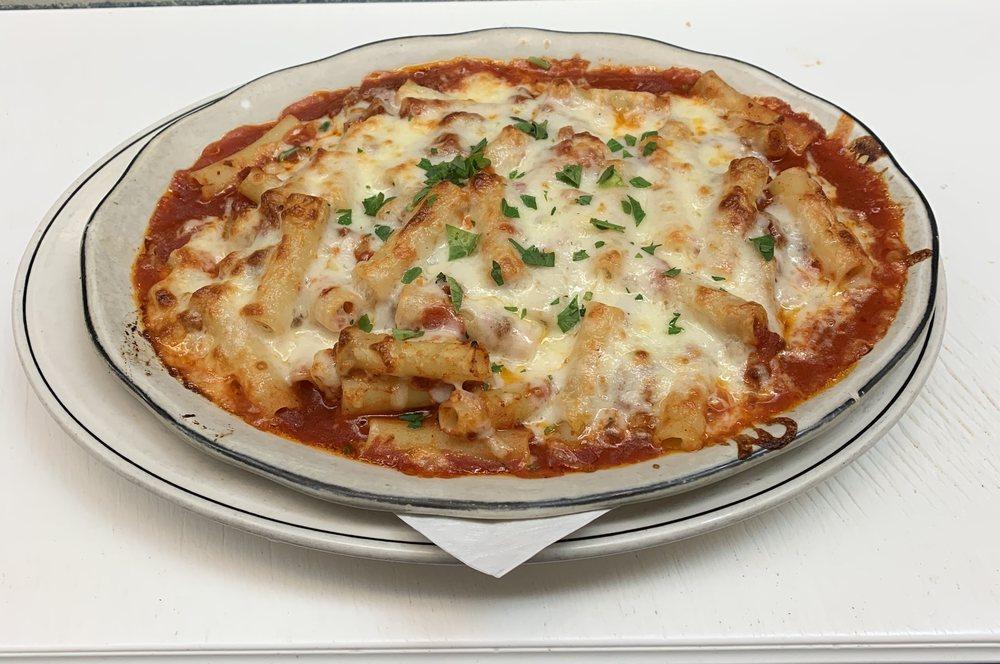 Baked Ziti · Ziti with your choice of marinara or meat sauce. Topped with mozzarella and baked. All pastas come with bread and either soup or salad.