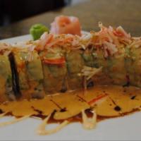 Volcano Roll · Crab meat, cucumber, cream cheese inside topped with avocado, crab meat, and special sauce.