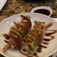 Californication Roll · Spicy tempura shrimp, cream cheese, krab, seared tuna, avocado, tempura fried jalapeños, eel...