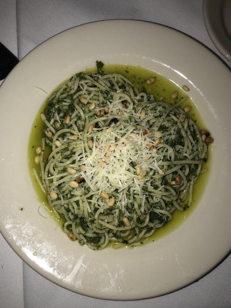 Spaghetti Al Pesto Genovese · Spaghetti, pesto, fresh basil, olive oil, pine nuts, Parmigiana and Romano pecorino cheeses.