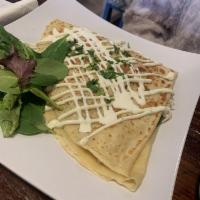Caprise Crepe · Chicken, tomatoes, mozzarella cheese, basil and fresh spinach. Topped with our pesto sauce a...
