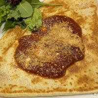 Pizza Crepe · Mozzarella cheese and pepperoni. Topped with tomato sauce and Parmesan cheese.