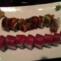 Sunset Roll · Salmon and avocado topped with tuna.