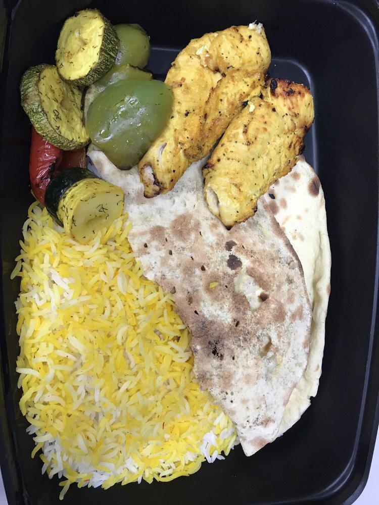 Chello Yek Combo · Your choice of 1 kabob and 1 side served with grilled veggies, Persian rice, and a piece of fresh-baked naan bread. The Persian rice can be substituted for a bed of greens with Shirazi, lemon & pepper juice, and olive oil on top. Any kabob can be substituted for any stew.